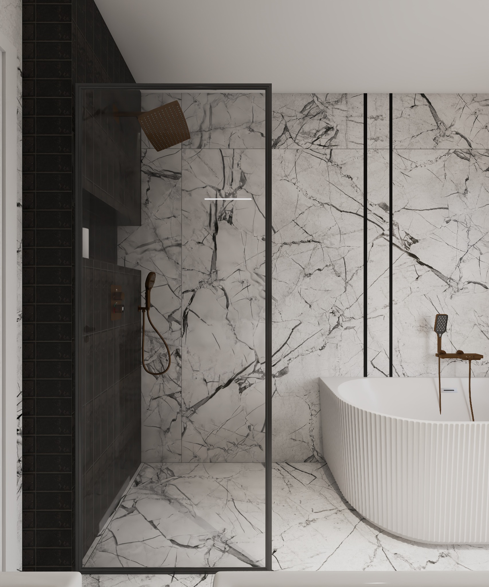 Nowoczesna łazienka z kabiną prysznicową w czarnych płytkach i wanną z marmurowym wykończeniem. Armatura w kolorze miedzi dodaje elegancji.