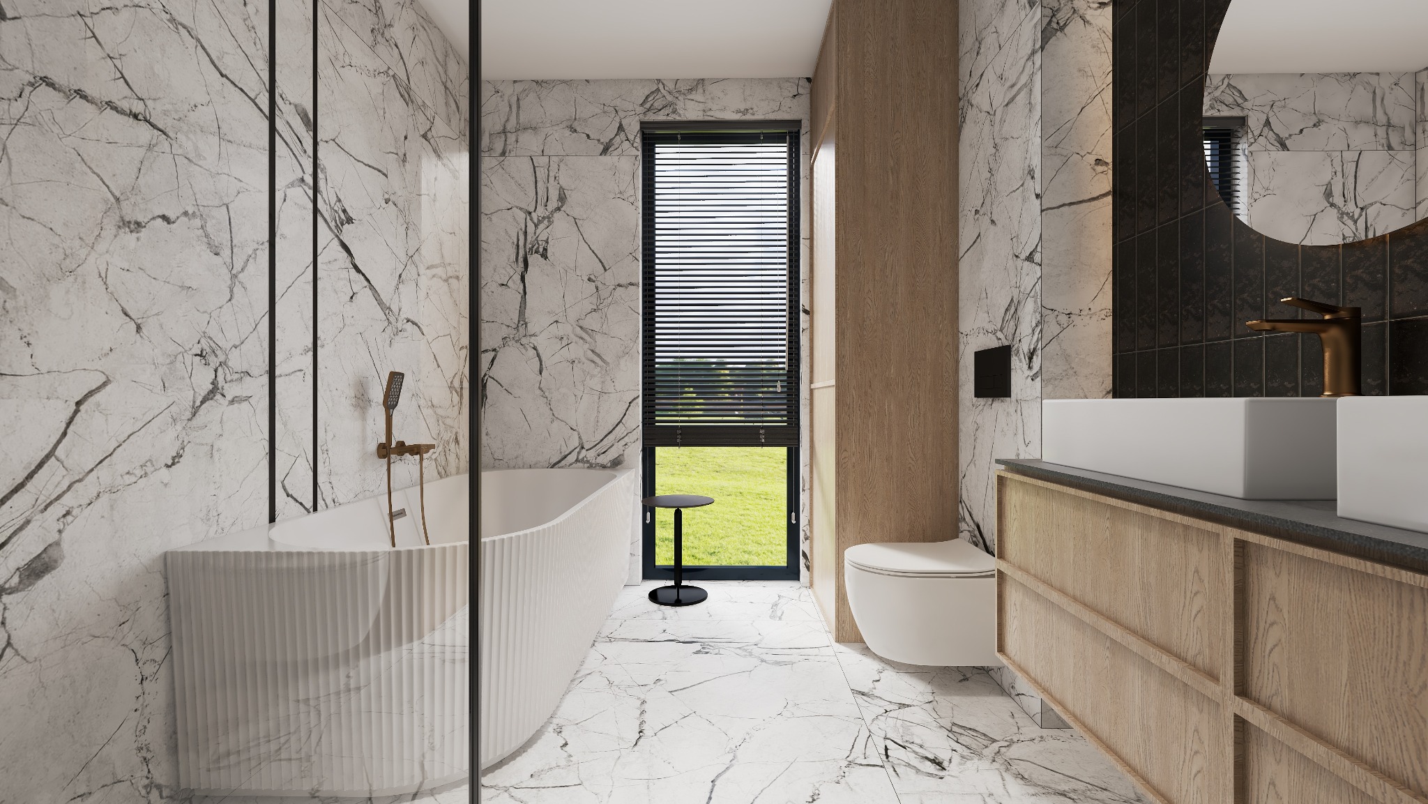Elegancka łazienka z marmurowymi ścianami i podłogą, białą wanną z żłobieniami, drewnianą szafką z umywalkami i oknem z widokiem na zieleń.