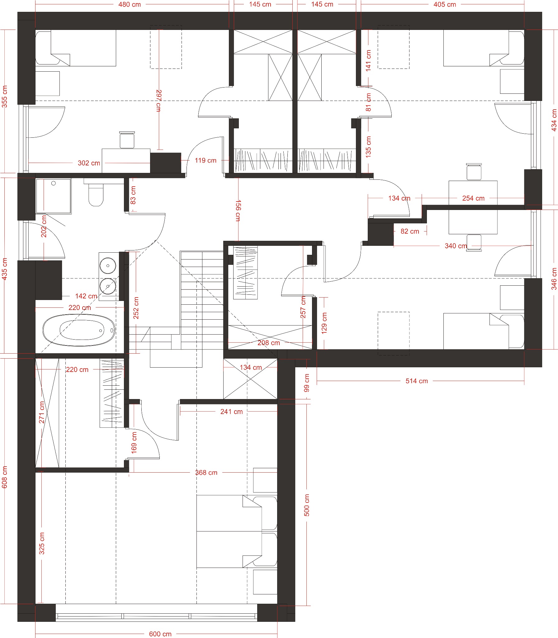 Plan mieszkania z wymiarami, widok z góry. Rozkład pomieszczeń: łazienka, sypialnia, garderoba, salon z aneksem kuchennym. Rzut architektoniczny z naniesionymi odległościami.