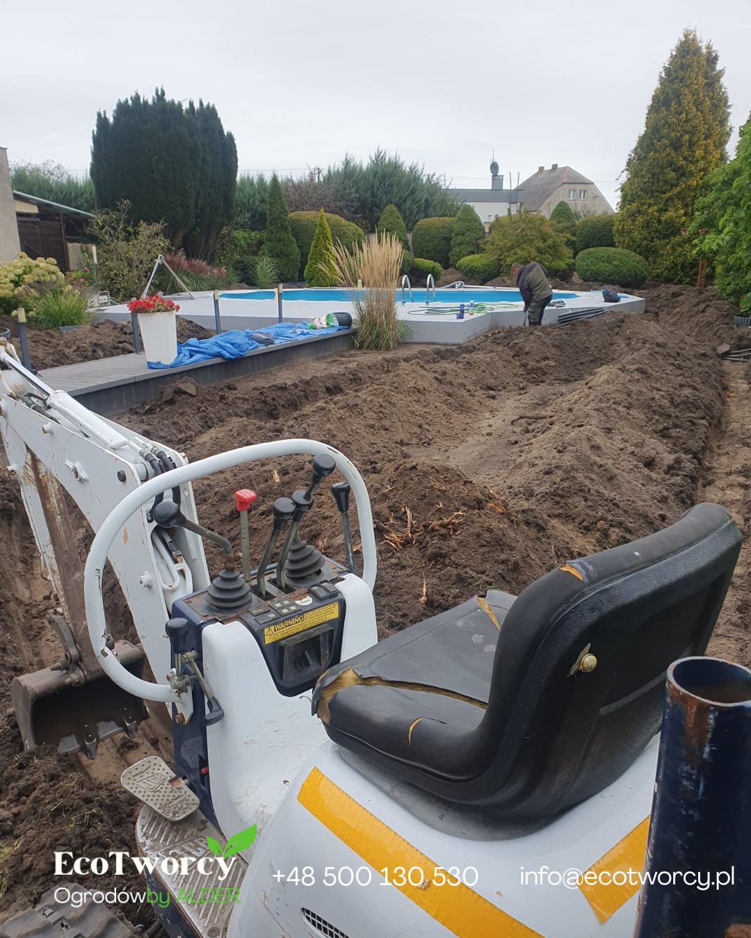 Mini koparka na tle wykopu pod basen w ogrodzie. W tle widoczny basen, trawa ozdobna i budynek mieszkalny. Prace ziemne w toku.