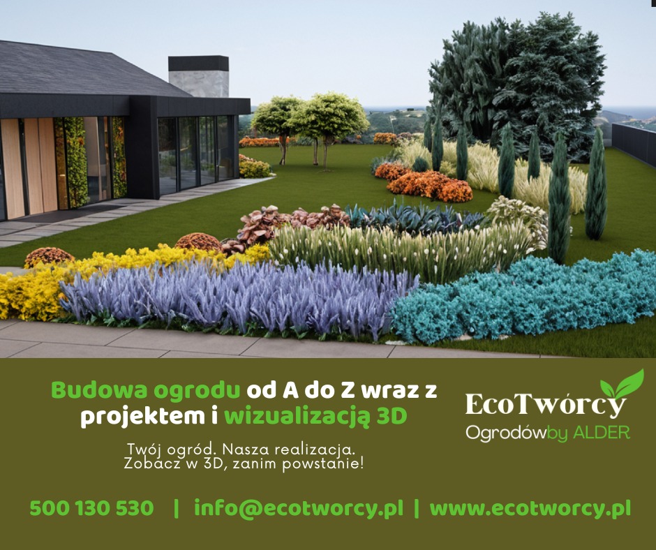 Wizualizacja 3D ogrodu przy nowoczesnym domu z zielonym dachem. Różnokolorowe rabaty kwiatowe, trawnik i drzewa tworzą harmonijną kompozycję.