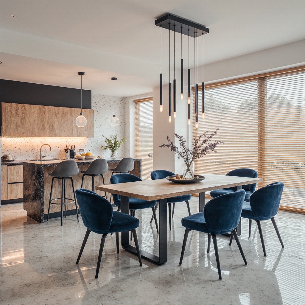 Nowoczesna jadalnia z drewnianym stołem, aksamitnymi krzesłami i designerską lampą wiszącą. W tle widoczna kuchnia z wyspą i hokerami, całość w jasnych tonacjach.