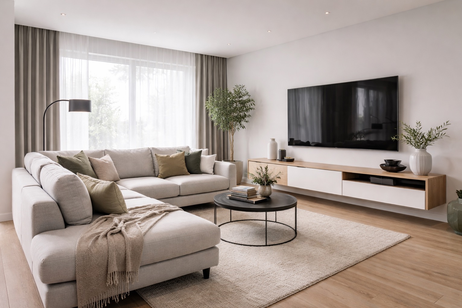 Jasny salon z narożnikiem, stolikiem kawowym i szafką RTV. Minimalistyczny design, naturalne światło, drewniana podłoga i dywan w odcieniach beżu. Roślina w doniczce dodaje świeżości.