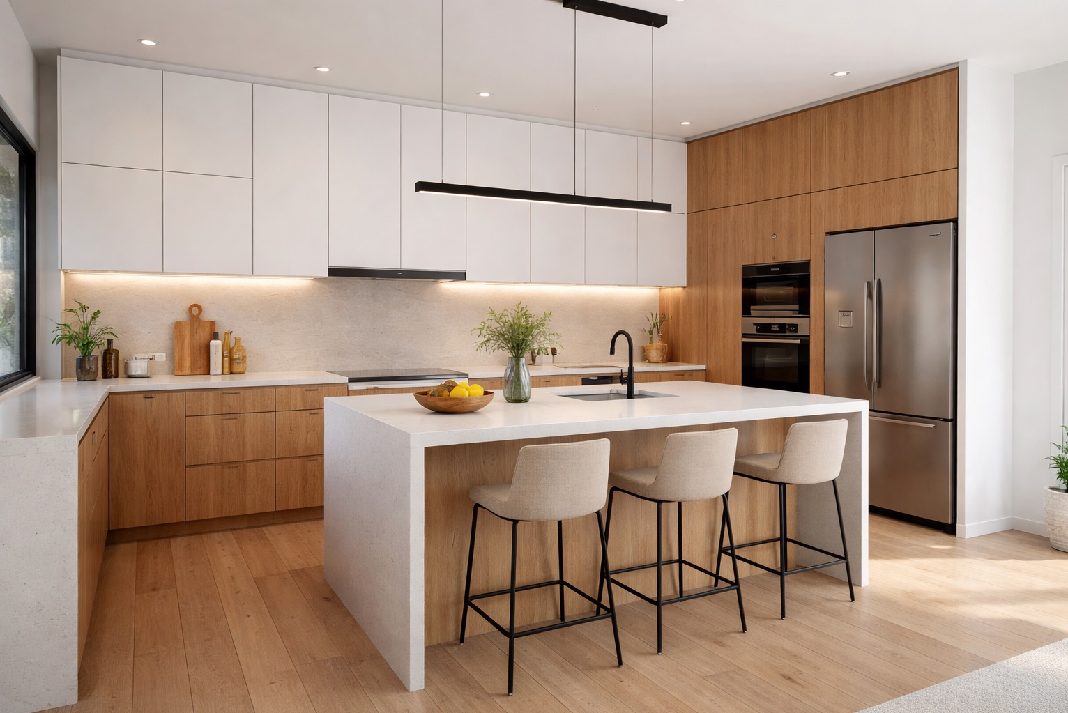 Nowoczesna kuchnia z wyspą, drewnianymi i białymi szafkami, oświetleniem LED i trzema hokerami. Minimalistyczny design, jasne drewno na podłodze.