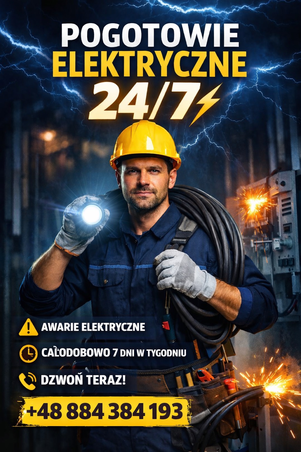 Elektryk w kasku i rękawicach, z kablem i latarką, na tle iskier i napisu 'Pogotowie Elektryczne 24/7'. Reklama usług elektrycznych.