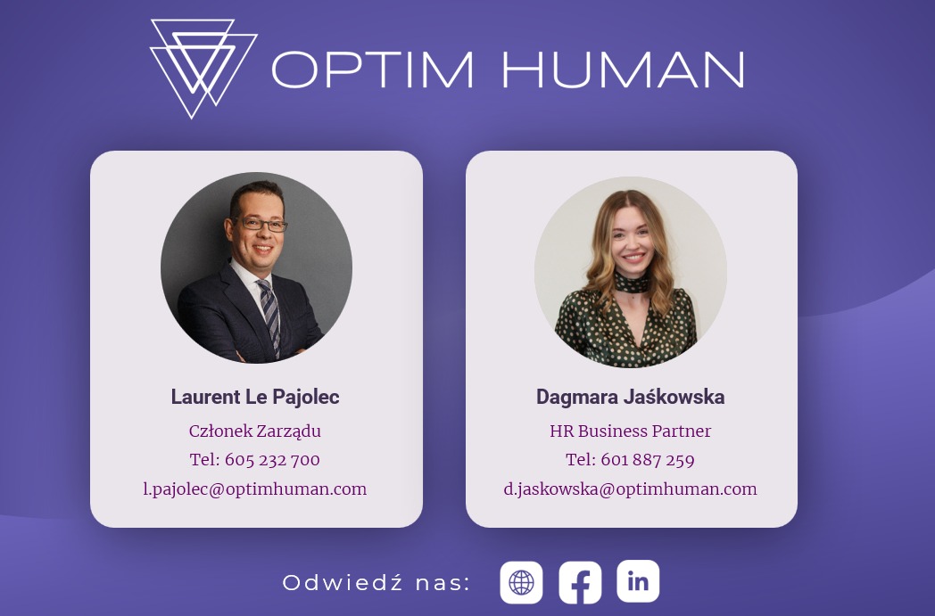 Zespół Optim Human: Laurent Le Pajolec, członek zarządu, i Dagmara Jaśkowska, HR Business Partner. Kontaktowe dane na fioletowym tle z logo firmy.