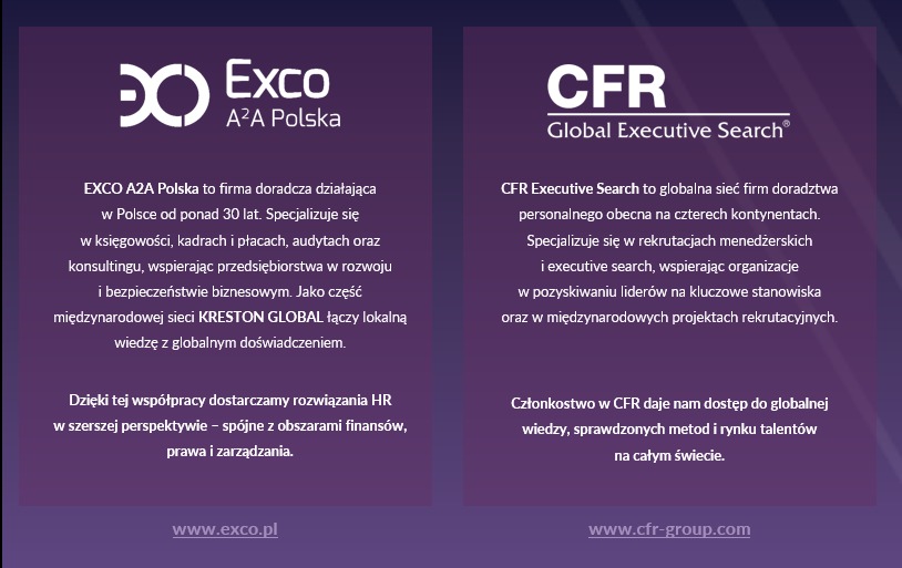 Grafika porównująca oferty firm Exco A2A Polska i CFR Global Executive Search, specjalizujących się w doradztwie HR i rekrutacji menedżerskiej. Fioletowe tło.