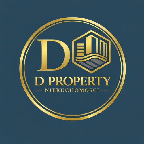 Złote logo 'D Property Nieruchomości' na ciemnym tle. W okręgu litera 'D' i ikona budynków nad falami, symbolizujące branżę nieruchomości.