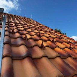 Igor Kempa - Czerwono-brązowy dach z dachówki ceramicznej, widziany pod kątem z dołu, z fragmentem drabiny po lewej stronie i błękitnym niebem w tle.