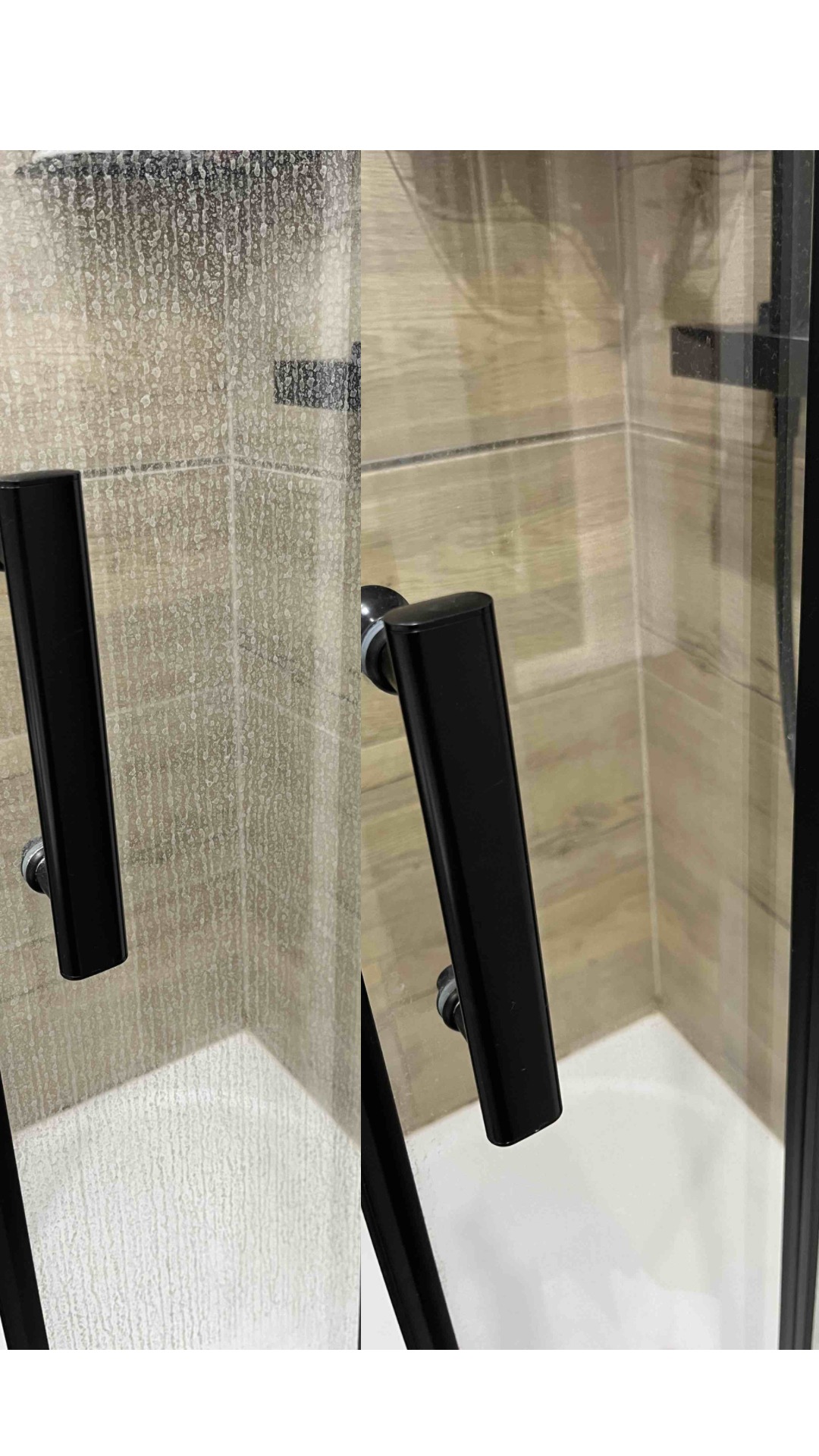 Kabina prysznicowa: porównanie stanu przed i po czyszczeniu. Po lewej brudna, po prawej lśniąca, z widoczną czarną ramą i uchwytem. Efekt sprzątania.