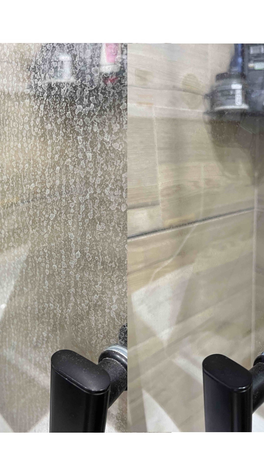 Kabina prysznicowa: po lewej silnie zabrudzona osadem, po prawej idealnie czysta. Widoczna czarna armatura i beżowe płytki w tle. Efekt czyszczenia.