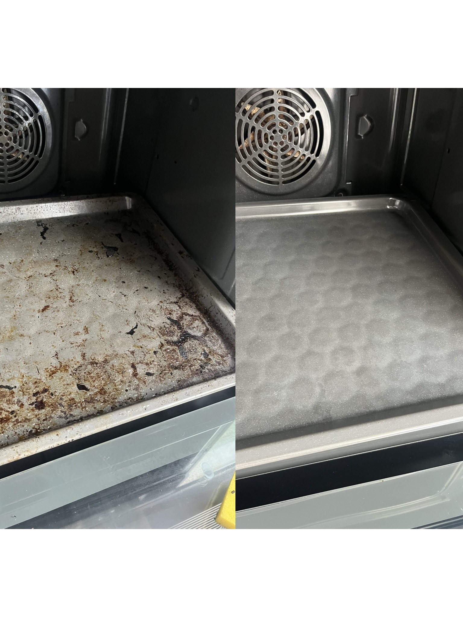 Półka piekarnika: widok przed i po czyszczeniu. Lewa strona brudna, prawa czysta. Ukazane wnętrze piekarnika z wentylatorami.