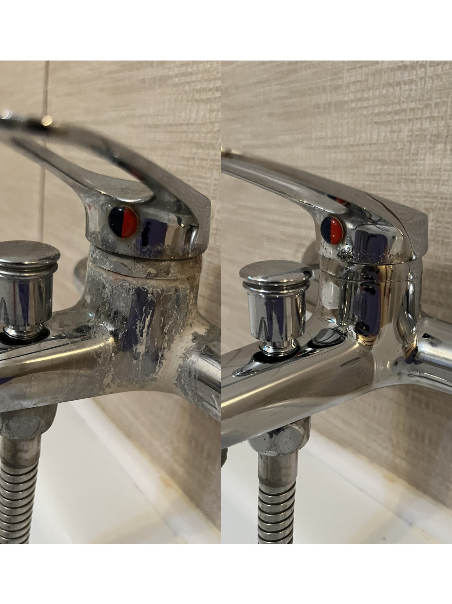 Kran łazienkowy: po lewej stronie z osadem, po prawej lśniący po czyszczeniu. Efekt 'przed i po' z bliska, ukazujący detale.