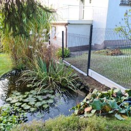 Krak Fence Sp. Z.O.O - Panelowe ogrodzenie w ogrodzie z oczkiem wodnym, widoczne rośliny wodne i trawy ozdobne. Nowoczesne rozwiązanie oddzielające przestrzeń.