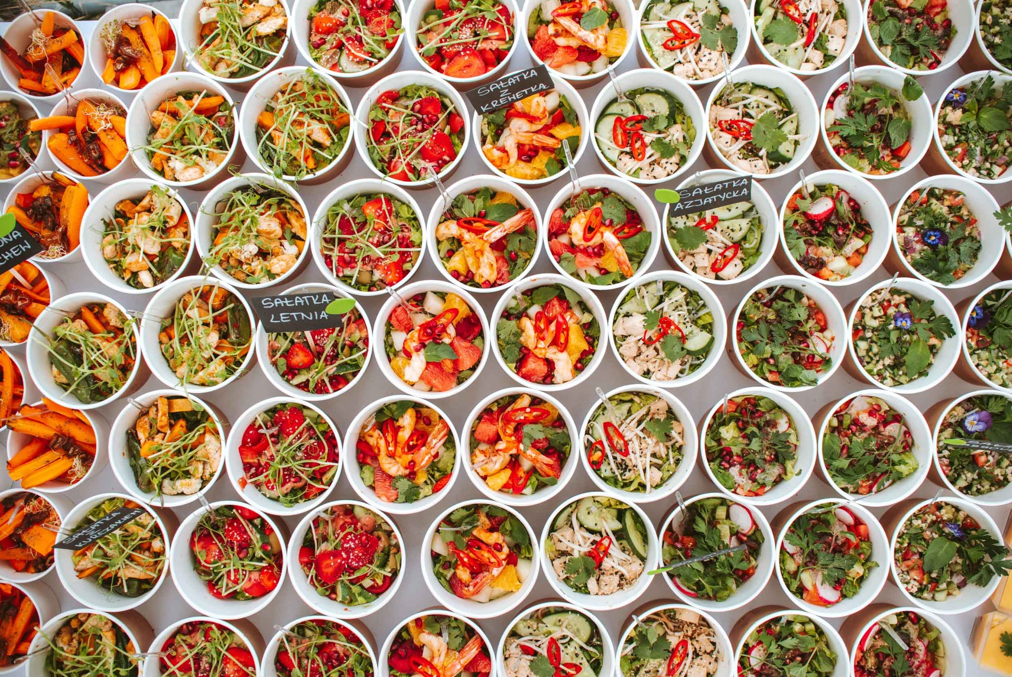 Różnorodne sałatki w białych miseczkach, każda z etykietą nazwy, ułożone w rzędach, widok z góry, prezentacja cateringowa z bliska, świeże składniki, apetyczne kompozycje.