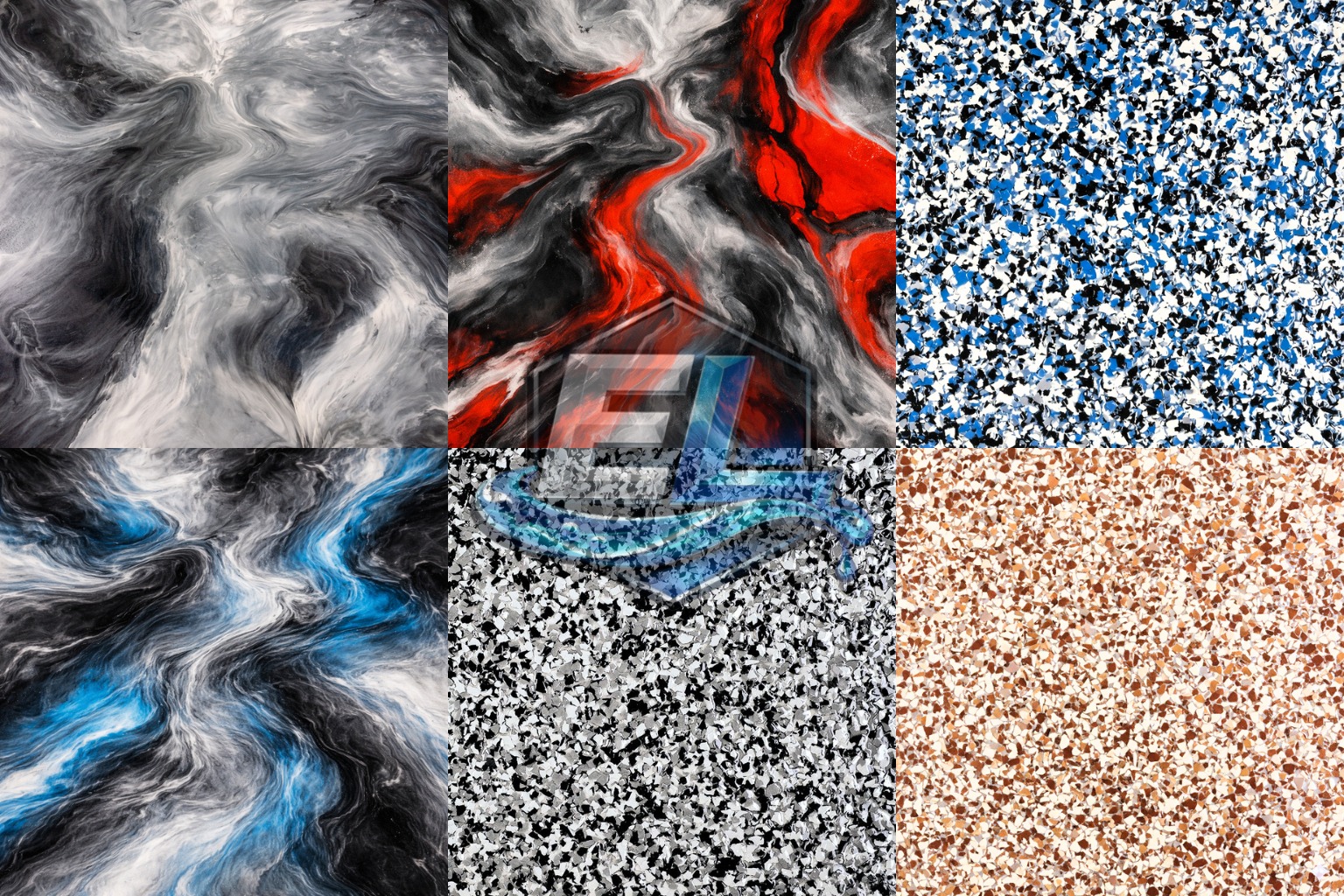 Kompozycja sześciu próbek wykończeniowych: żywiczne wylewki imitujące marmur, terazzo i inne wzory. Różne kolory i faktury. W centrum logo firmy na próbce.