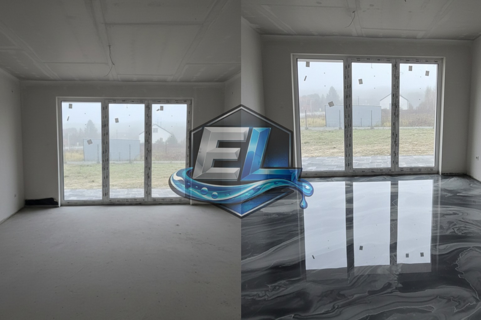 Porównanie: surowa posadzka vs. błyszcząca, szara posadzka żywiczna z efektem marmuru, widok na okno. Logo firmy na środku kadru.