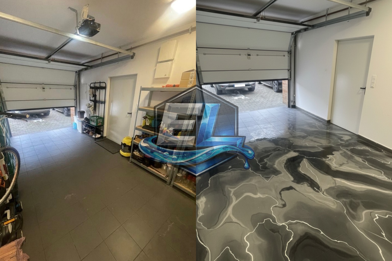 Garaż przed i po renowacji posadzki: od szarej, matowej nawierzchni do błyszczącej, żywicznej z efektem marmuru. Otwarta brama wjazdowa, regał z akcesoriami.