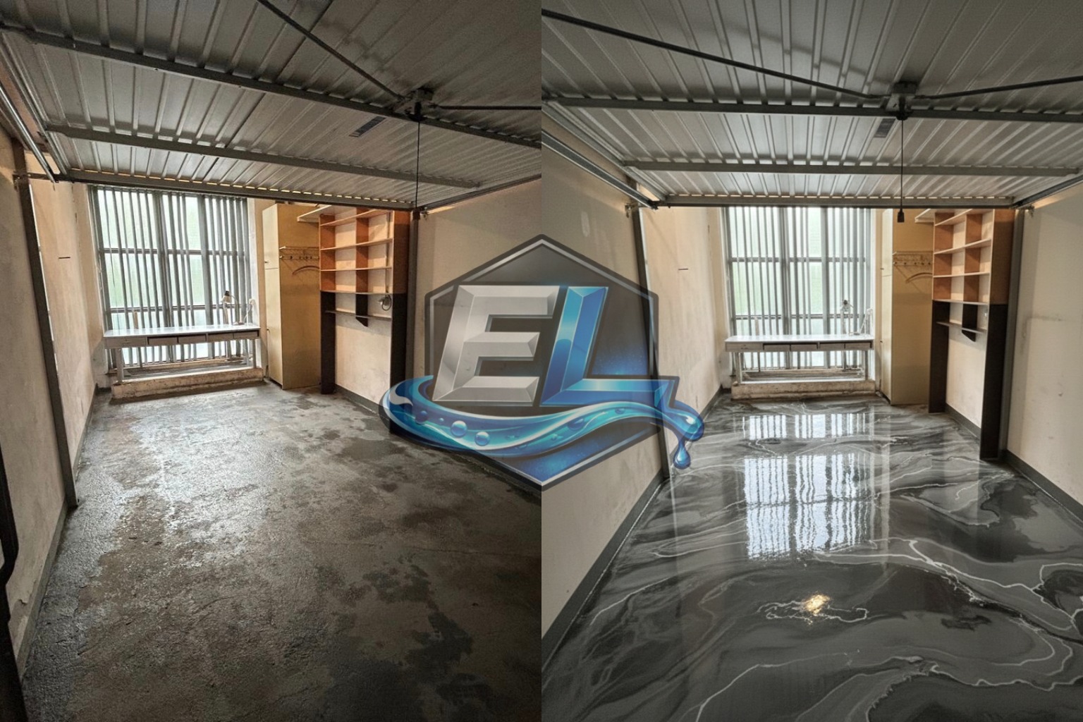 Zdjęcie 'przed i po' prezentujące metamorfozę podłogi w pomieszczeniu: od surowego betonu do błyszczącej, szarej powierzchni z białymi żyłkami, odbijającej światło okna.