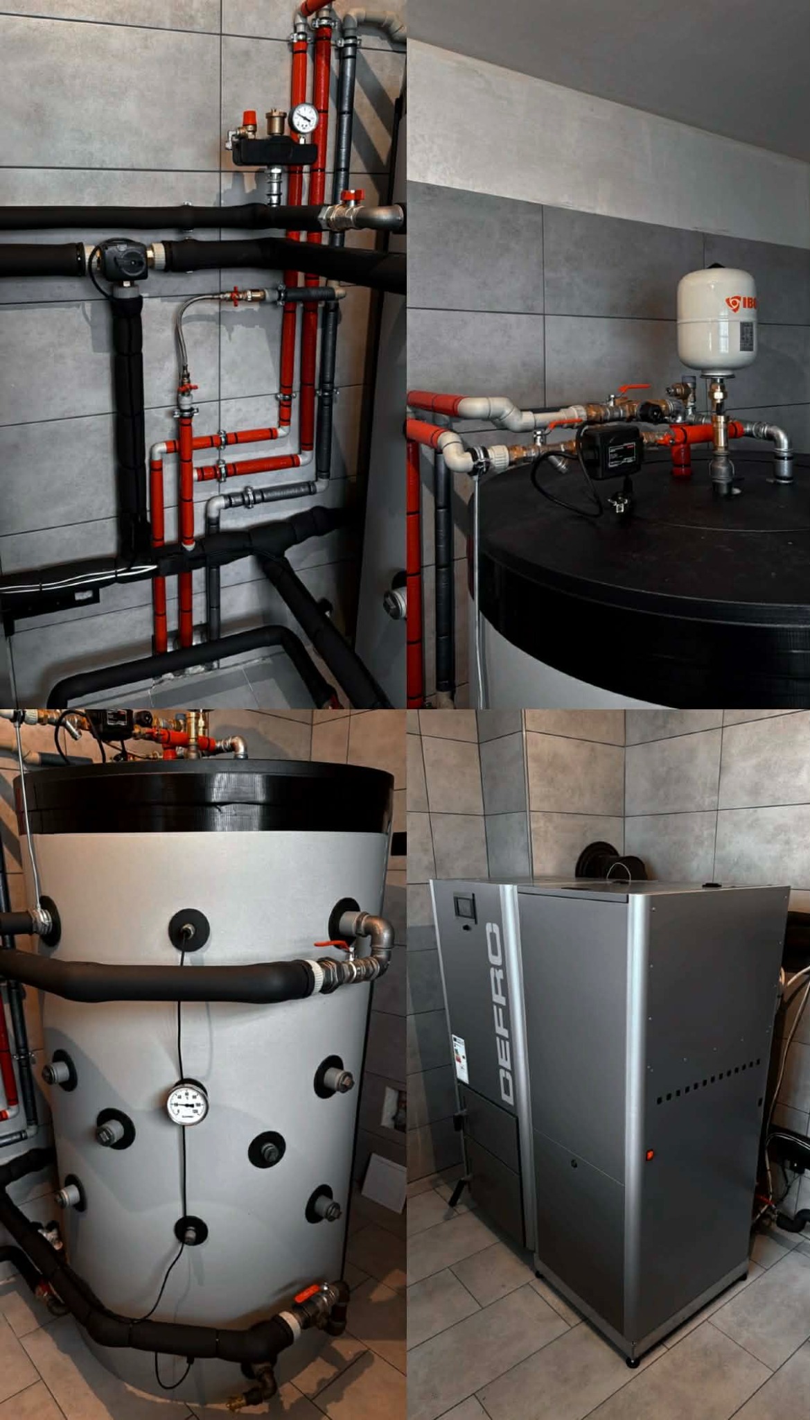 Nowoczesna kotłownia z piecem Defro, zbiornikiem akumulacyjnym i instalacją grzewczą z rur w kolorze czarnym i czerwonym na tle szarych płytek.