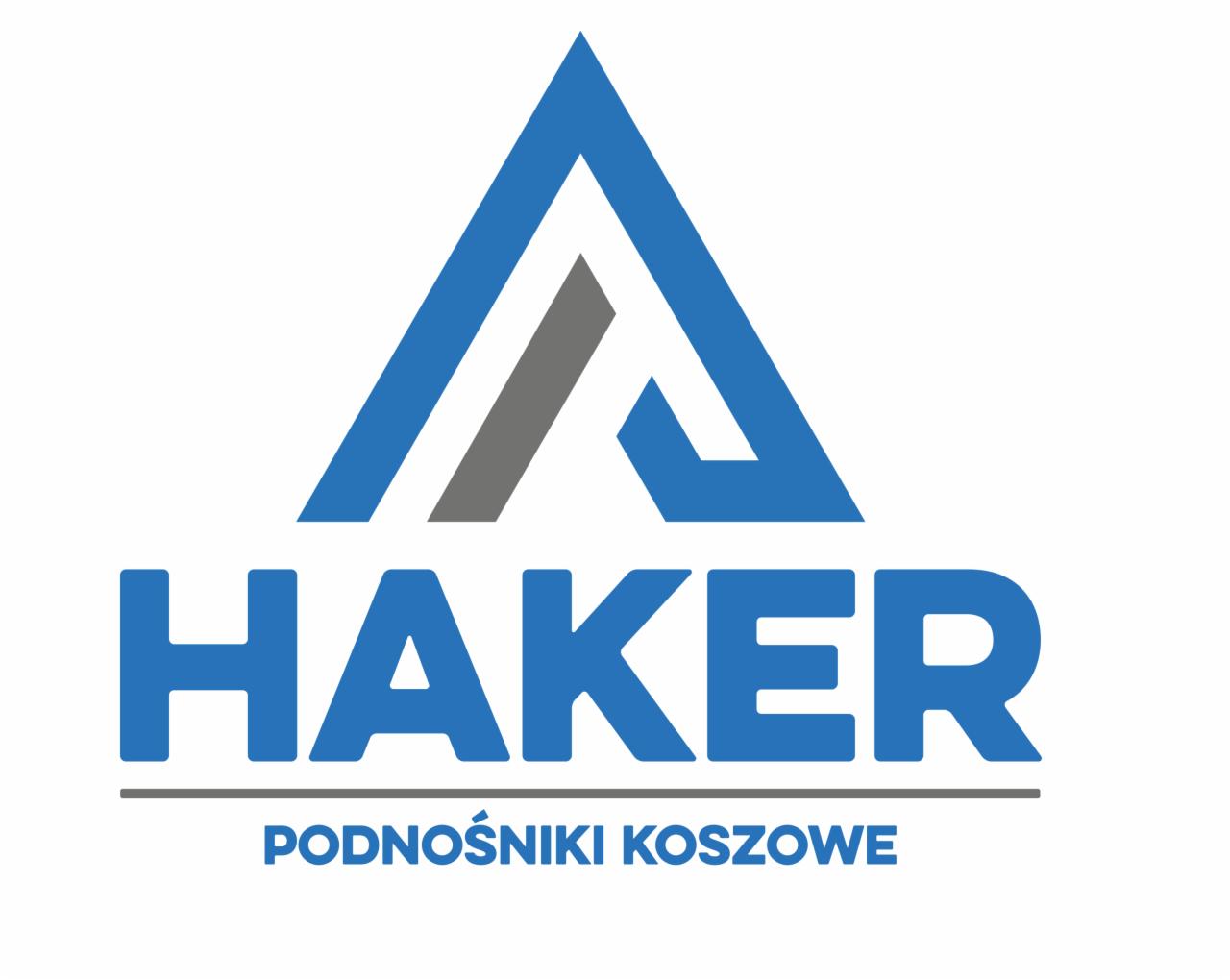 Logo firmy HAKER Podnośniki Koszowe. Niebieski trójkąt z szarym elementem w środku, pod nim napis HAKER i PODNOŚNIKI KOSZOWE.