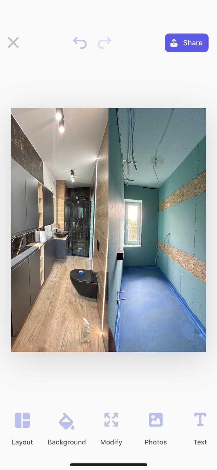 Zdjęcie typu 'przed i po' prezentujące remont łazienki: po lewej wykończona, nowoczesna łazienka z czarną armaturą, po prawej surowy stan z instalacjami i płytami OSB.