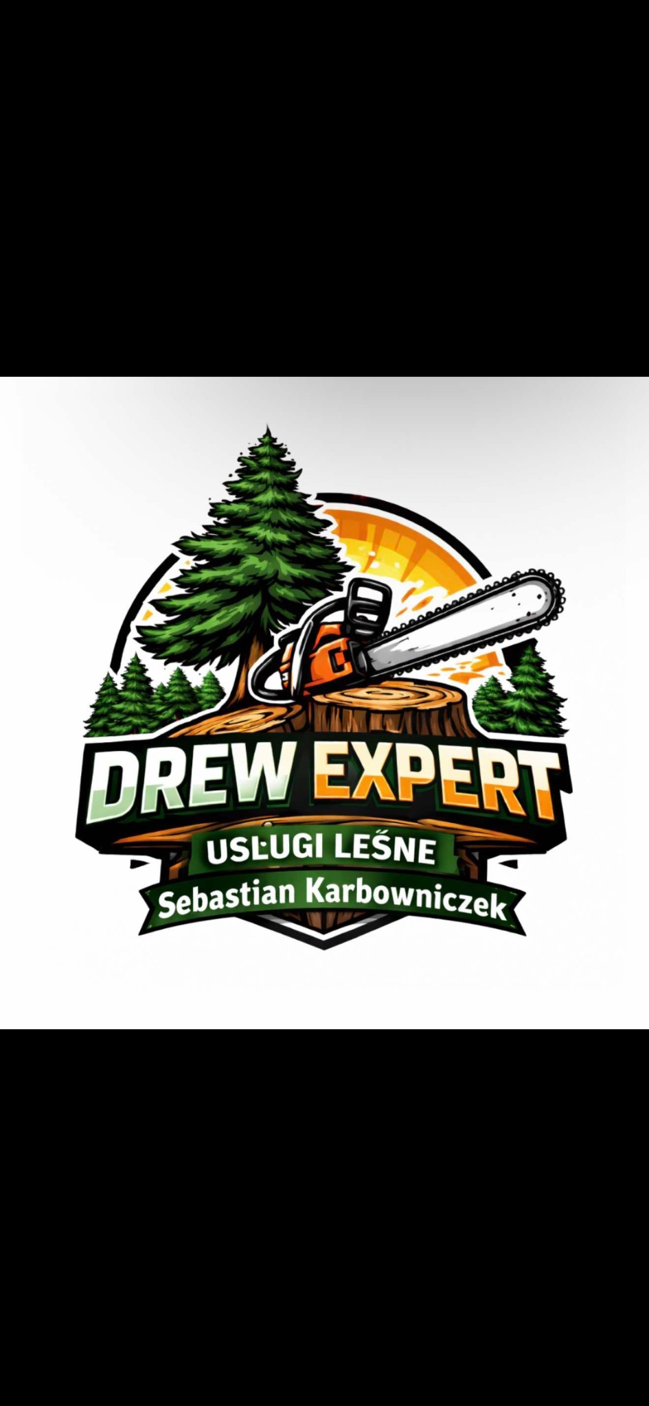 Grafika: Logo firmy 'Drew Expert' z motywem leśnym, piłą łańcuchową i pniem drzewa. Napis 'Usługi Leśne Sebastian Karbowniczek' na zielonym tle.
