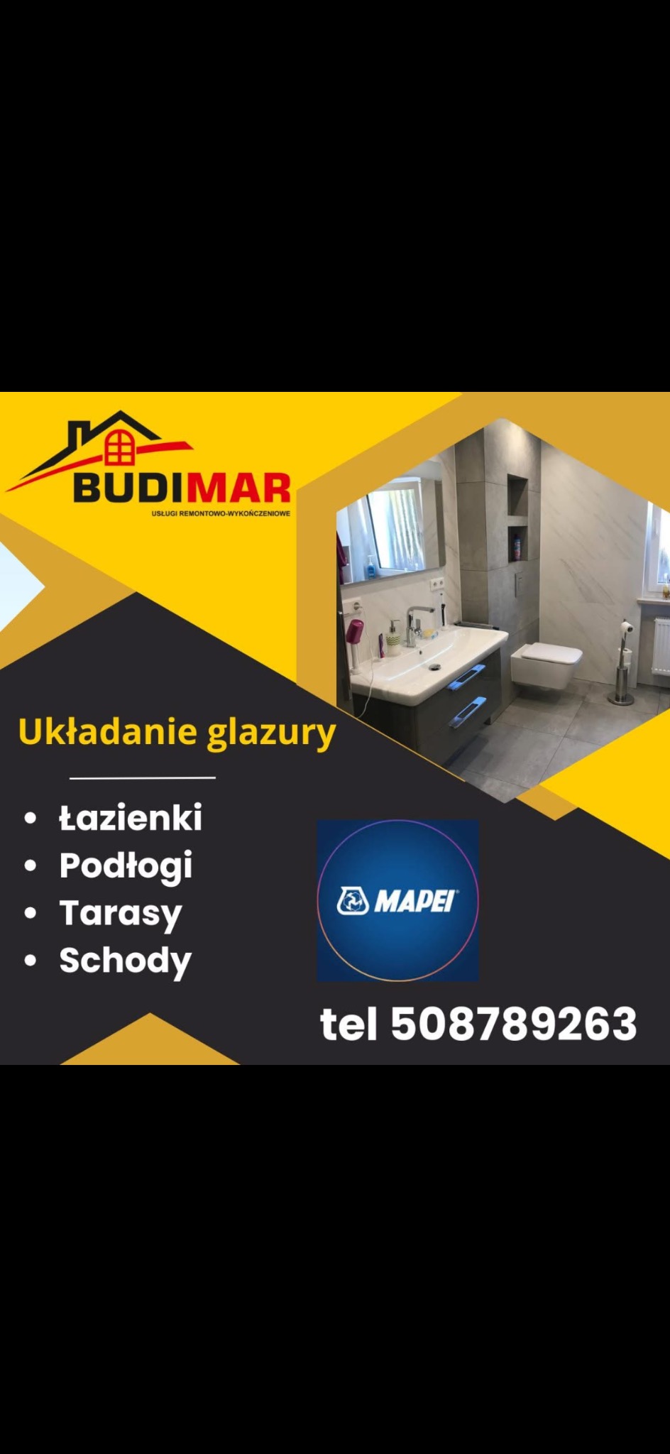 Nowoczesna łazienka z szarymi płytkami, umywalką z szafką i toaletą. Grafika reklamowa z logo firmy Budimar i hasłem 'Układanie glazury'.