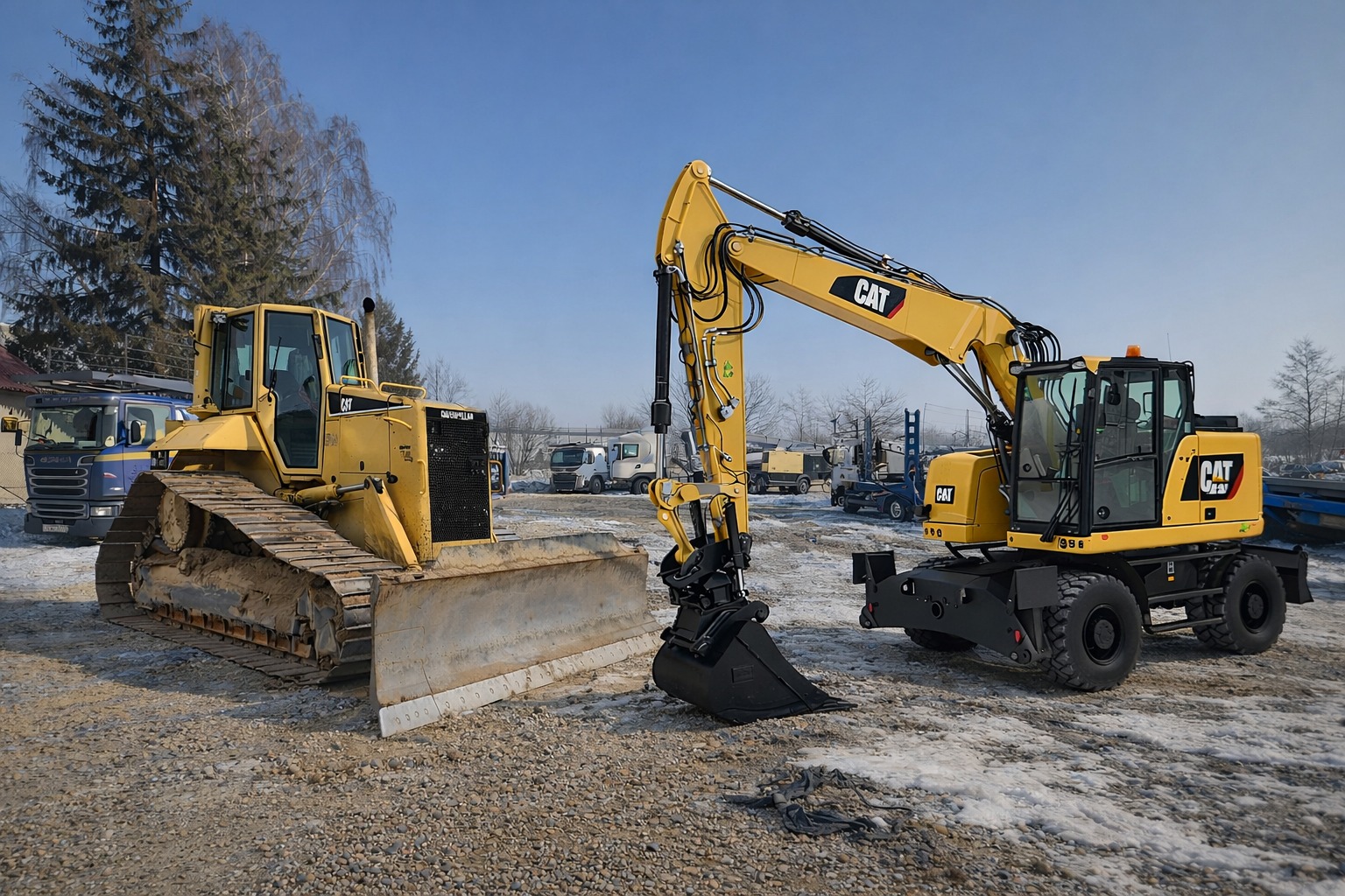 Żółty spychacz gąsienicowy i koparka kołowa CAT na placu budowy, z innymi pojazdami w tle, w słoneczny dzień. Sprzęt ciężki gotowy do pracy.