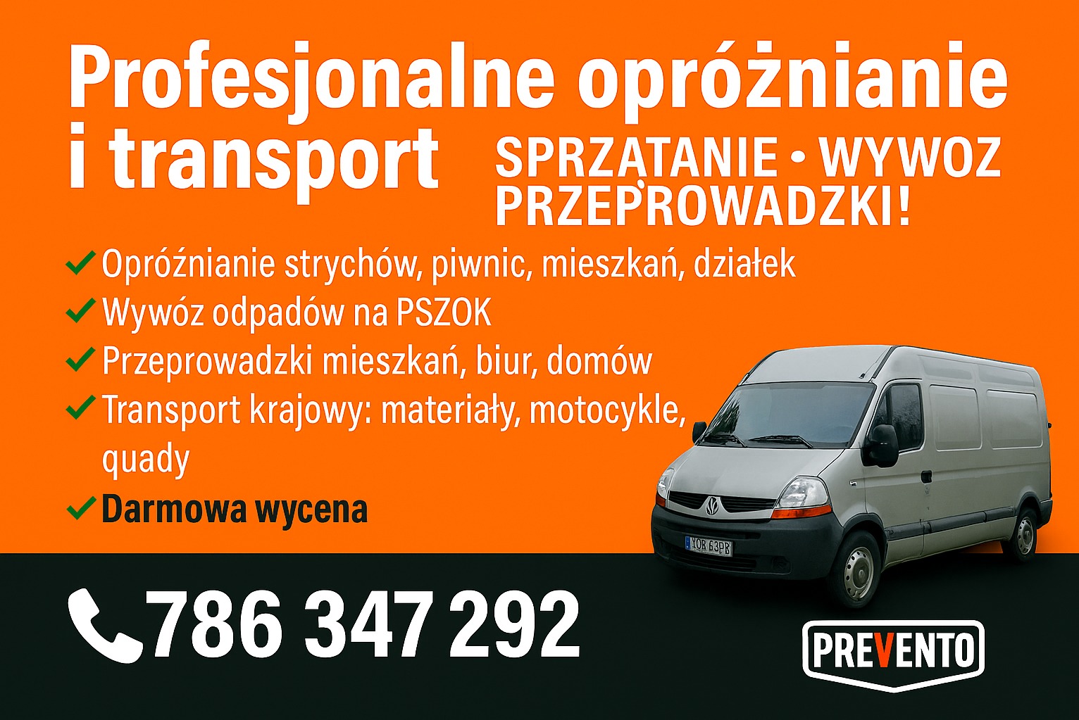 Szary bus transportowy z napisem 'Profesjonalne opróżnianie i transport', oferujący przeprowadzki, wywóz odpadów i darmową wycenę. Widoczny numer telefonu i logo firmy.