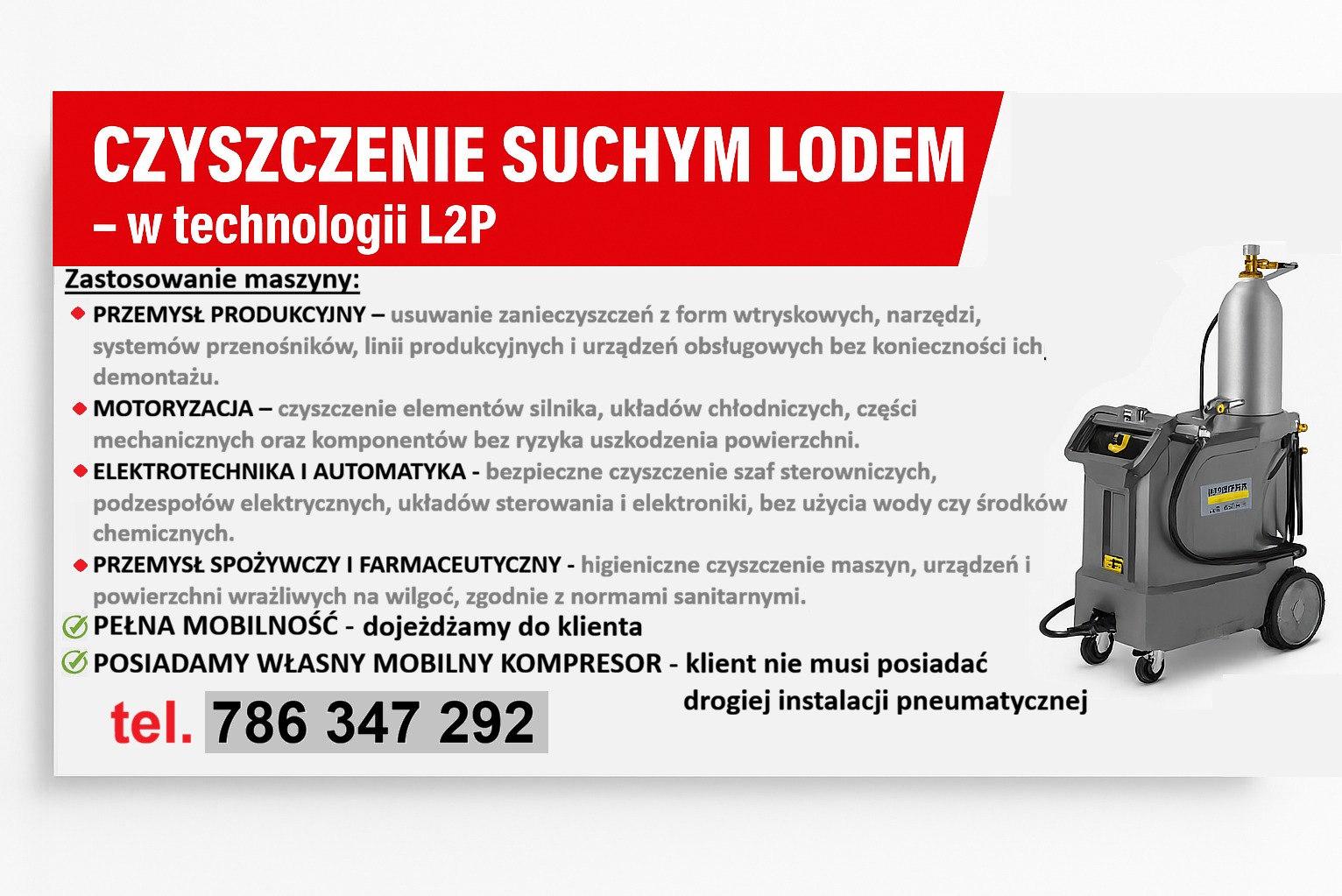 Mobilna maszyna do czyszczenia suchym lodem L2P, z zastosowaniem w przemyśle, motoryzacji, elektrotechnice i spożywczym. Oferta z numerem telefonu.