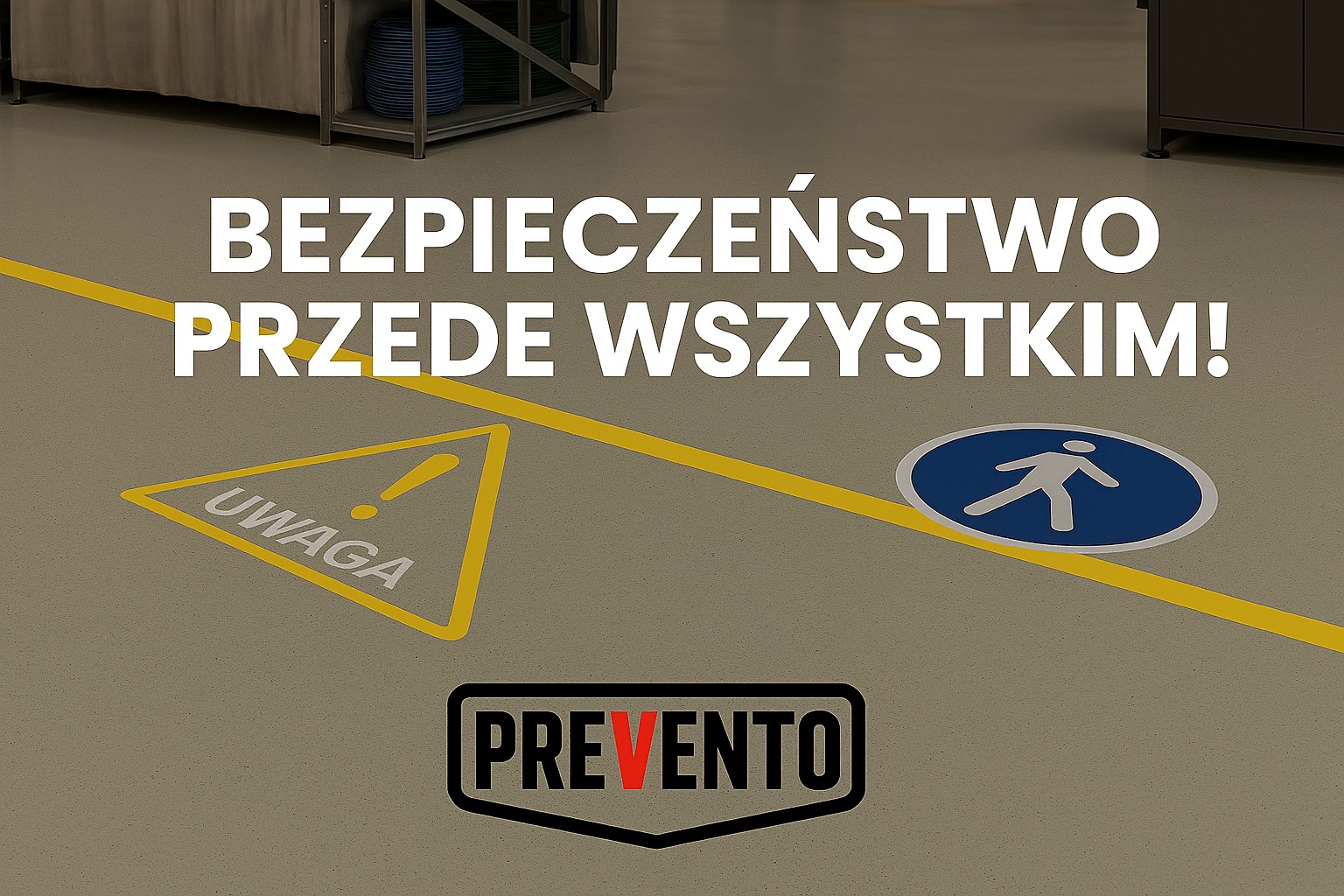 Oznakowanie podłogi w hali: żółte linie, piktogramy ostrzegawcze (uwaga) i kierunkowe (ruch pieszych). Napis: 'Bezpieczeństwo przede wszystkim!' i logo firmy.
