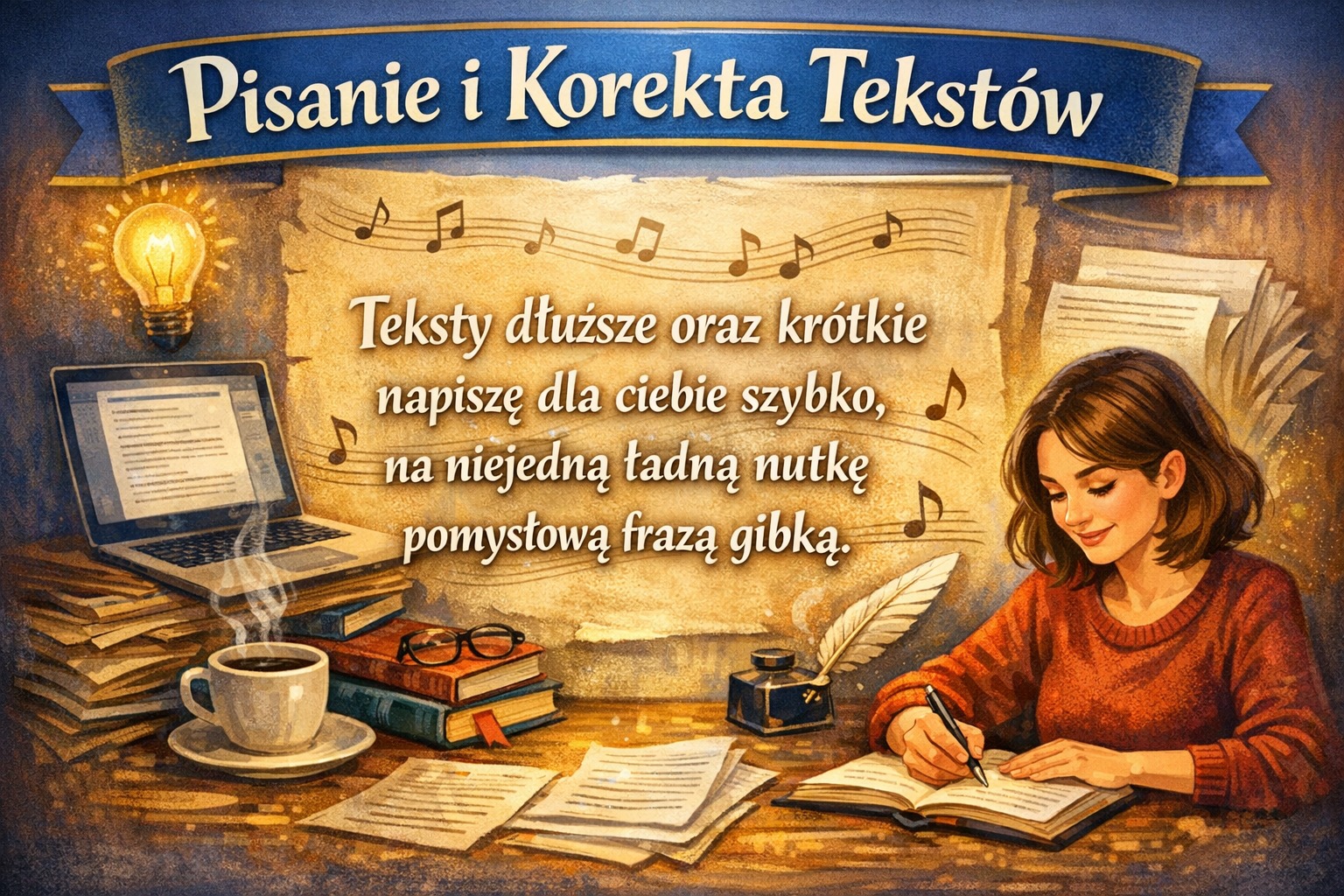 Ilustracja: kobieta pisze w otwartej księdze piórem, obok laptop, kawa, notatki, okulary na książkach. Tło: napis 'Pisanie i Korekta Tekstów' i nuty.