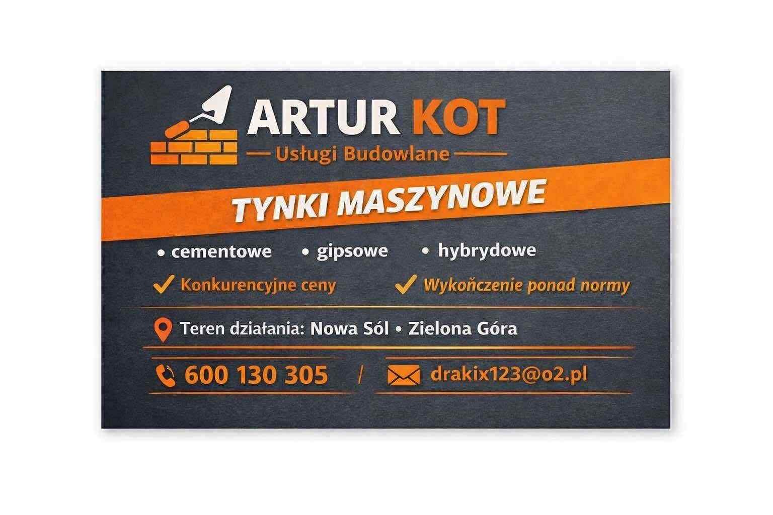 Baner reklamowy firmy Artur Kot Usługi Budowlane oferującej tynki maszynowe cementowe, gipsowe i hybrydowe. Konkurencyjne ceny, wykończenie ponad normy. Nowa Sól, Zielona Góra.