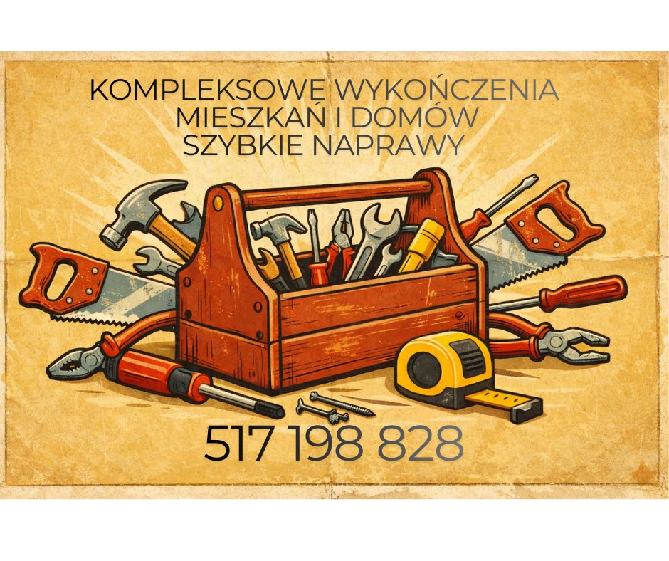 Ilustracja skrzynki z narzędziami, piły, młotki, śrubokręty, klucze, miarka i numer telefonu na teksturowanym tle w stylu retro, promująca kompleksowe wykończenia.