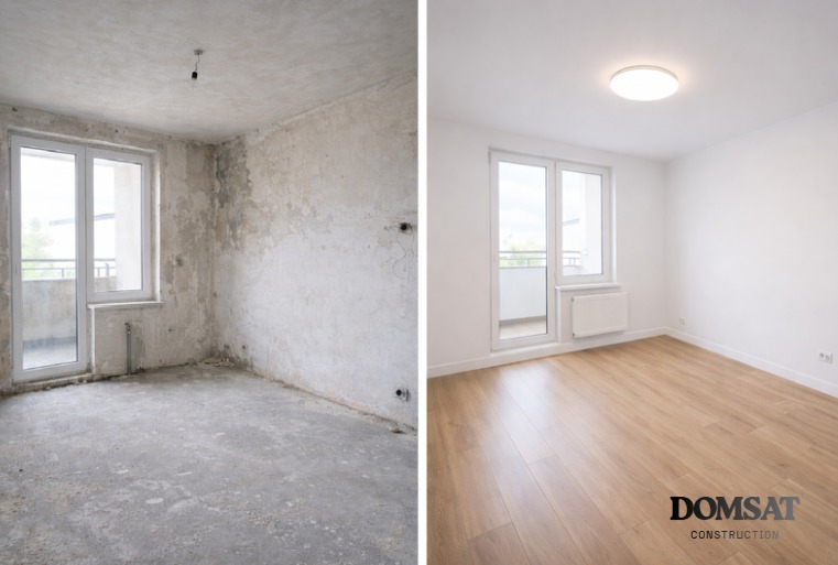 Pokój przed i po remoncie: surowe ściany kontra gładkie, białe wykończenie z drewnianą podłogą. Widoczne okno balkonowe i grzejnik.