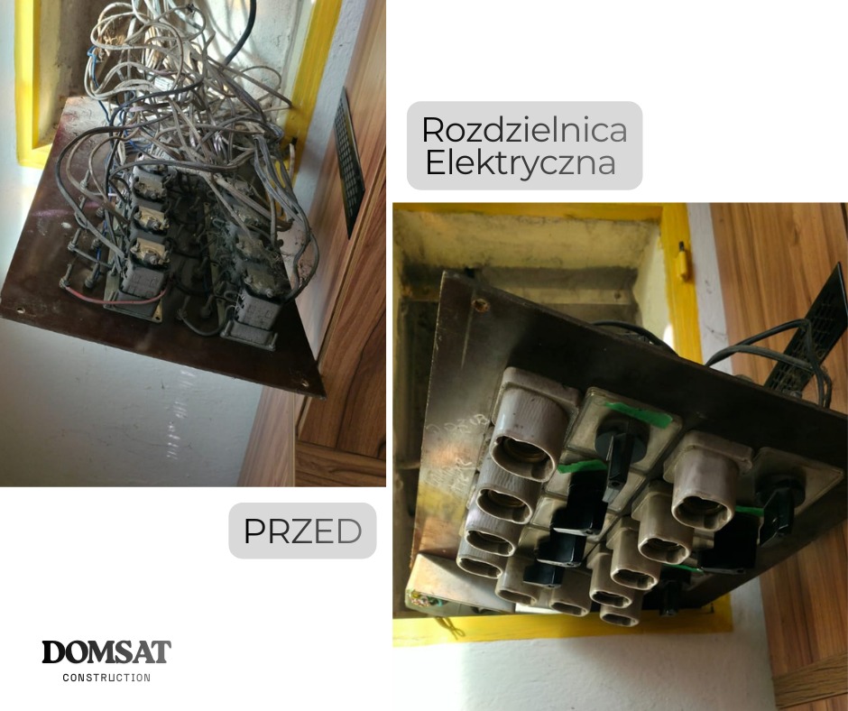 Zdjęcie 'przed' przedstawia starą, nieuporządkowaną rozdzielnicę elektryczną z widocznymi kablami i elementami. Ujęcie z bliska, ukazujące detale stanu początkowego.
