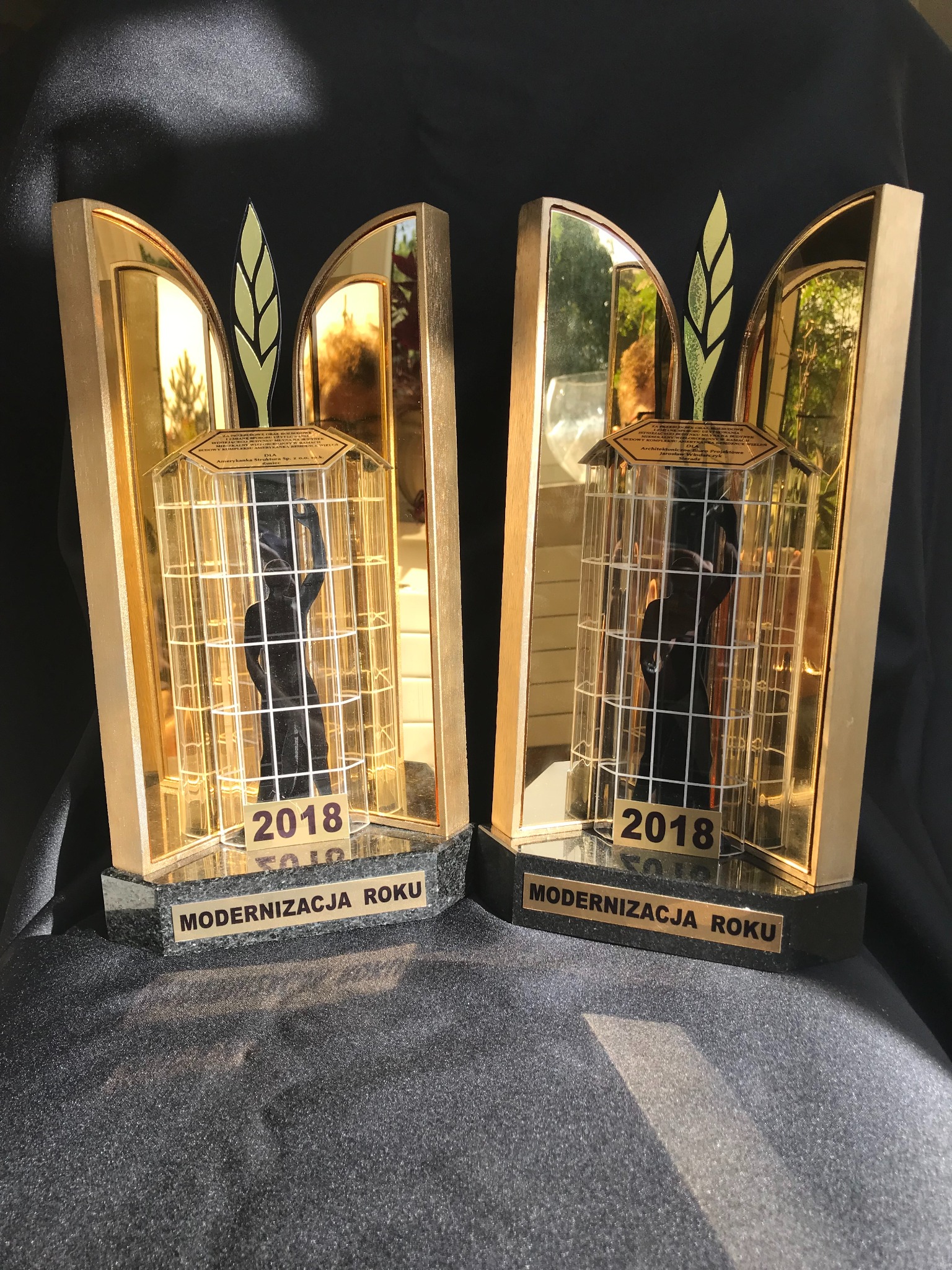 Dwie statuetki 'Modernizacja Roku 2018' z elementami złota i lustra, na czarnym tle. Wewnątrz klatki z figurką. Widoczne napisy i detale konkursu.