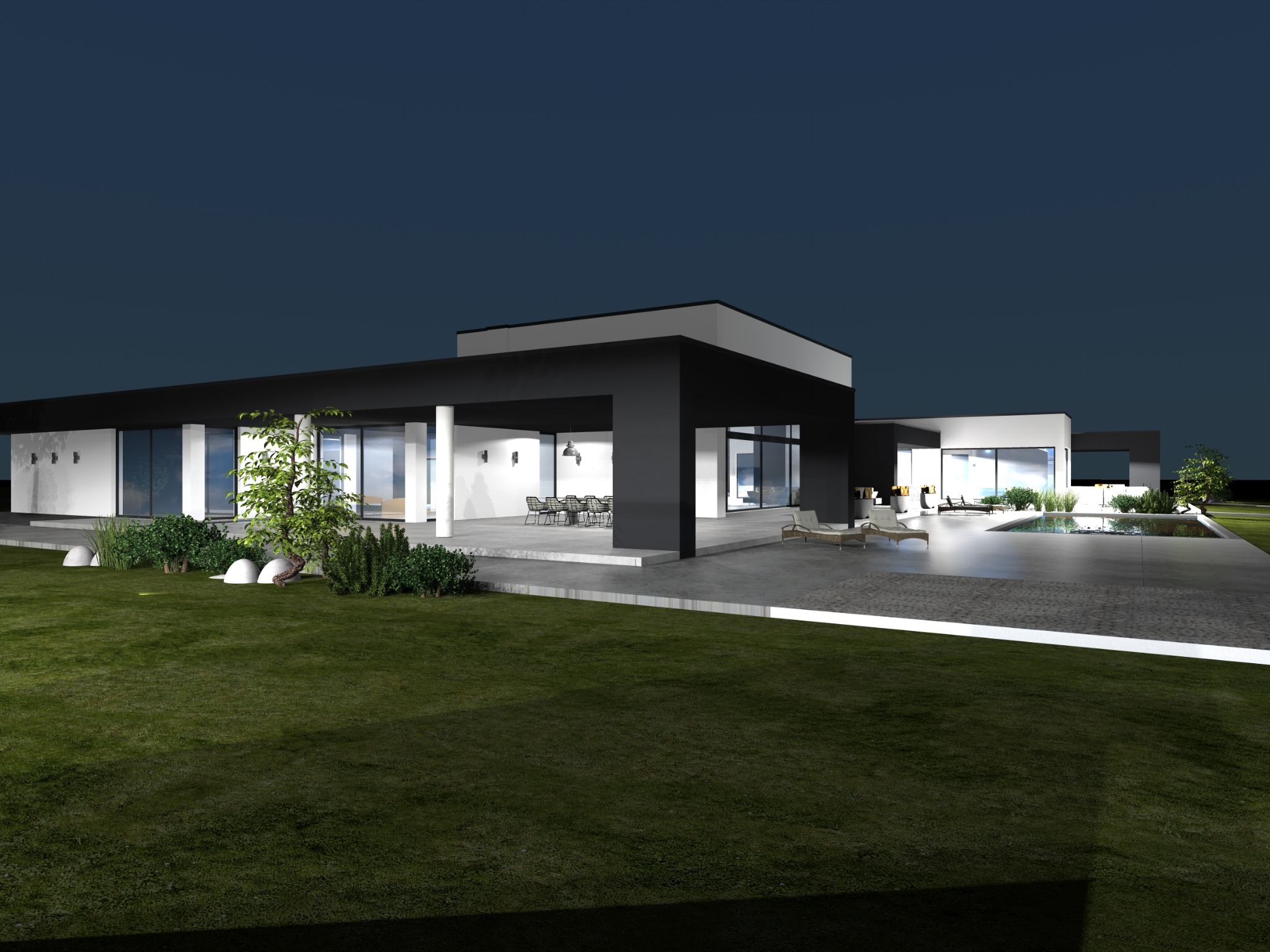 Nowoczesna, parterowa rezydencja z basenem i tarasem, otoczona zielonym trawnikiem, prezentowana w nocnej scenerii. Minimalistyczna architektura z płaskim dachem i dużymi przeszkleniami.