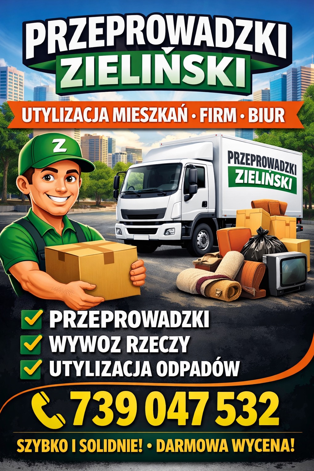 Ilustracja reklamowa firmy przeprowadzkowej: uśmiechnięty pracownik z kartonem, samochód dostawczy z napisem 'Przeprowadzki Zieliński' i sterta spakowanych rzeczy.
