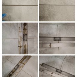 CZARY MARY-NATALIA CHROBAK - Kafelki podłogowe przed i po czyszczeniu, z widocznym odpływem liniowym. Porównanie stanu zabrudzonego i wyczyszczonego, ukazujące skuteczność usługi sprzątania.