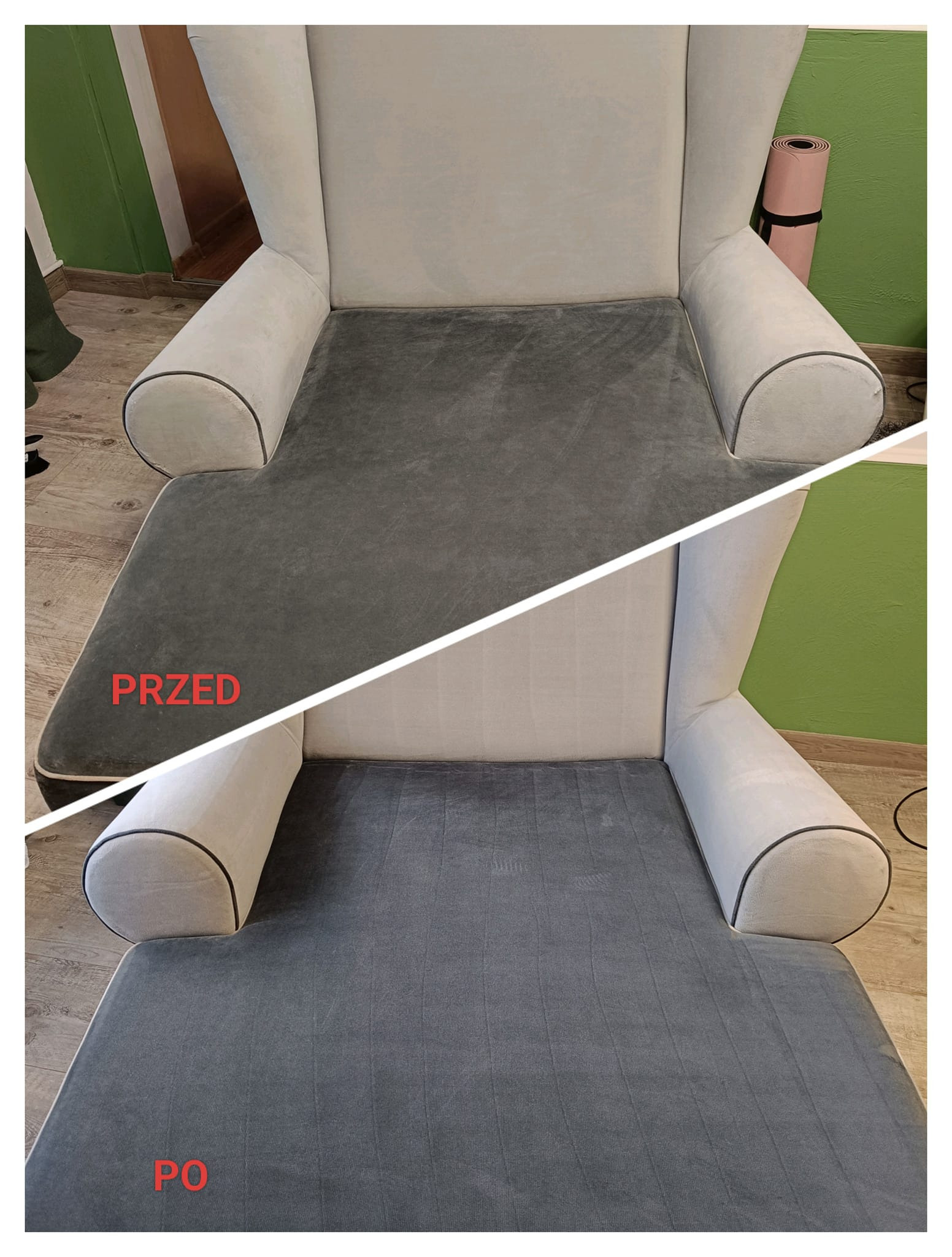 Fotel typu uszak z szarą tapicerką, ujęcie 'przed i po' praniu. Widoczna różnica w czystości tapicerki po wykonanej usłudze.