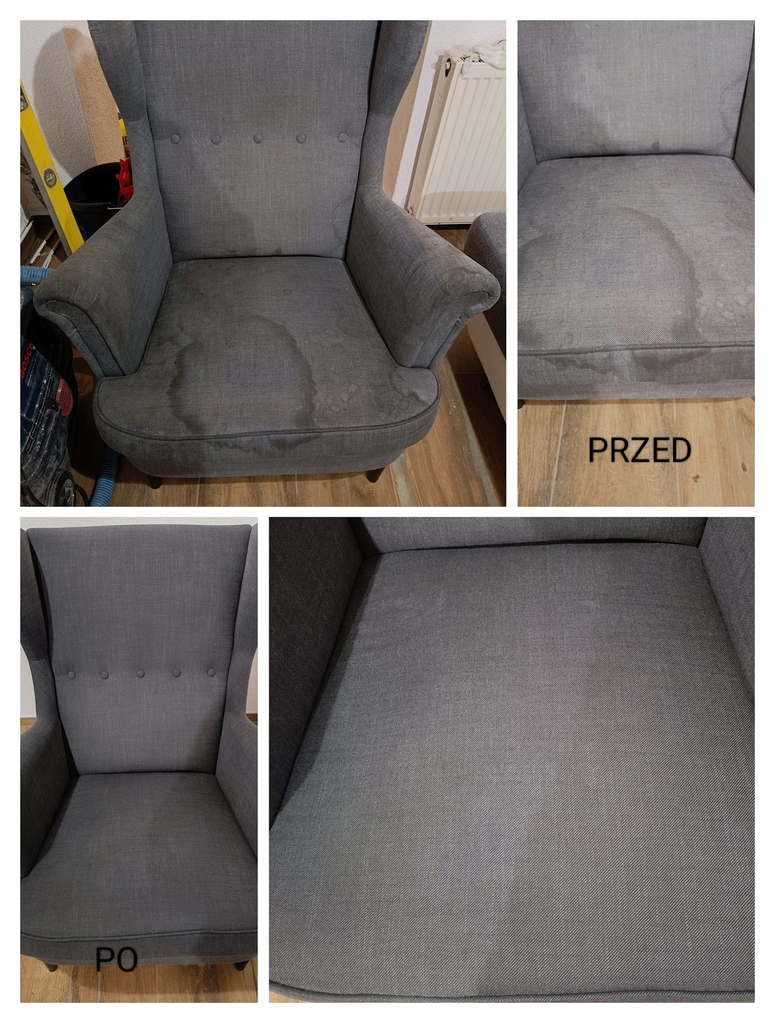 Szary fotel typu uszak: widok przed i po czyszczeniu tapicerki. Na siedzisku widoczne plamy przed zabiegiem, które zniknęły po profesjonalnym praniu.