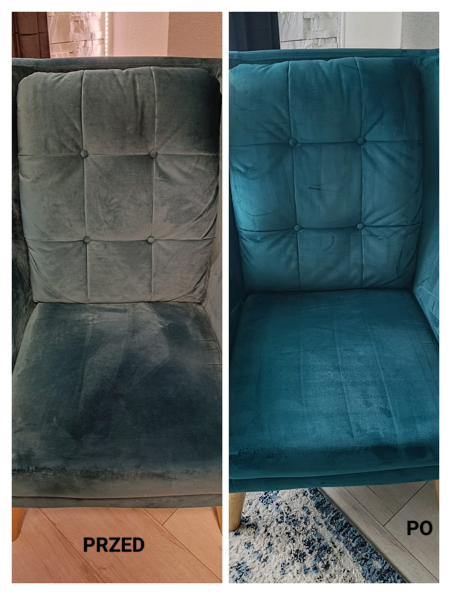 Kadr 'przed i po' prezentujący efekt czyszczenia welurowego fotela w odcieniach zieleni. Po prawej stronie fotel ma intensywny, turkusowy kolor.