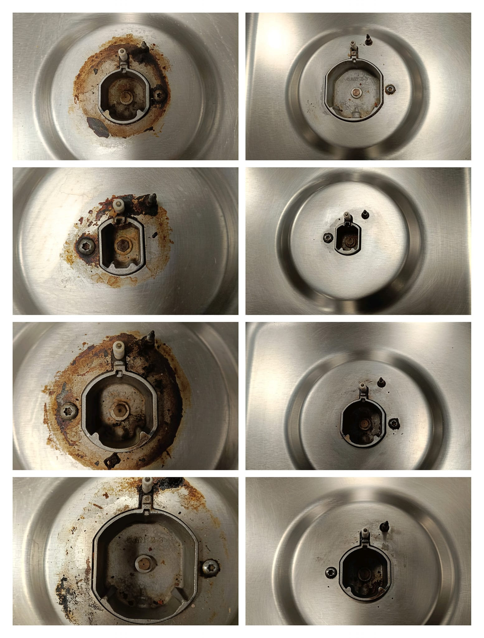 Kuchenka gazowa przed i po czyszczeniu. Widoczne palniki z uporczywymi zabrudzeniami i te same palniki po usunięciu brudu. Efekt czyszczenia.