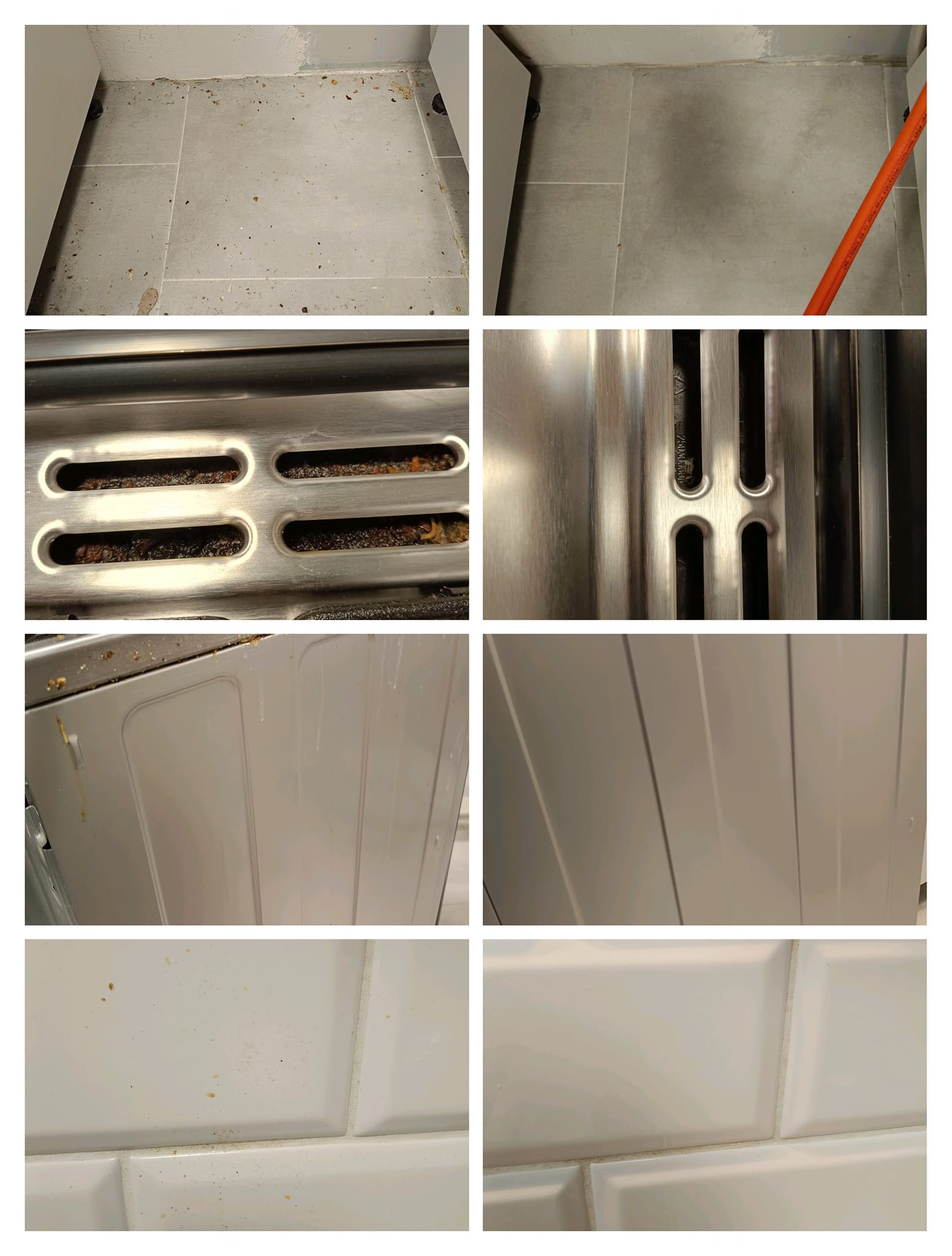 Kompozycja przed i po: brudna podłoga, piekarnik z resztkami jedzenia, zabrudzone drzwiczki i fugi płytek, a obok czyste powierzchnie po sprzątaniu.