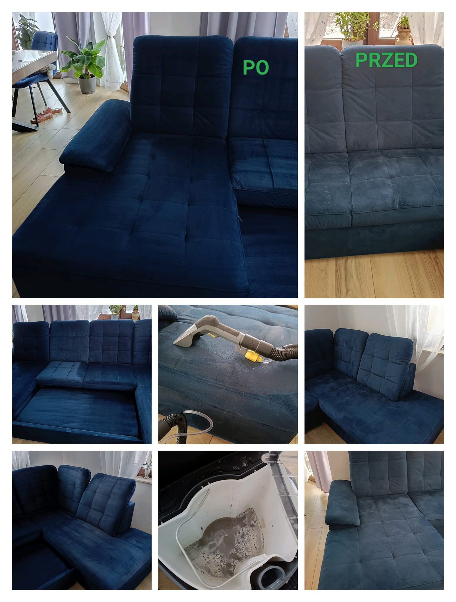 Granatowa kanapa narożna: widok 'przed' i 'po' czyszczeniu, detale procesu prania z użyciem odkurzacza piorącego i zbiornika z brudną wodą.