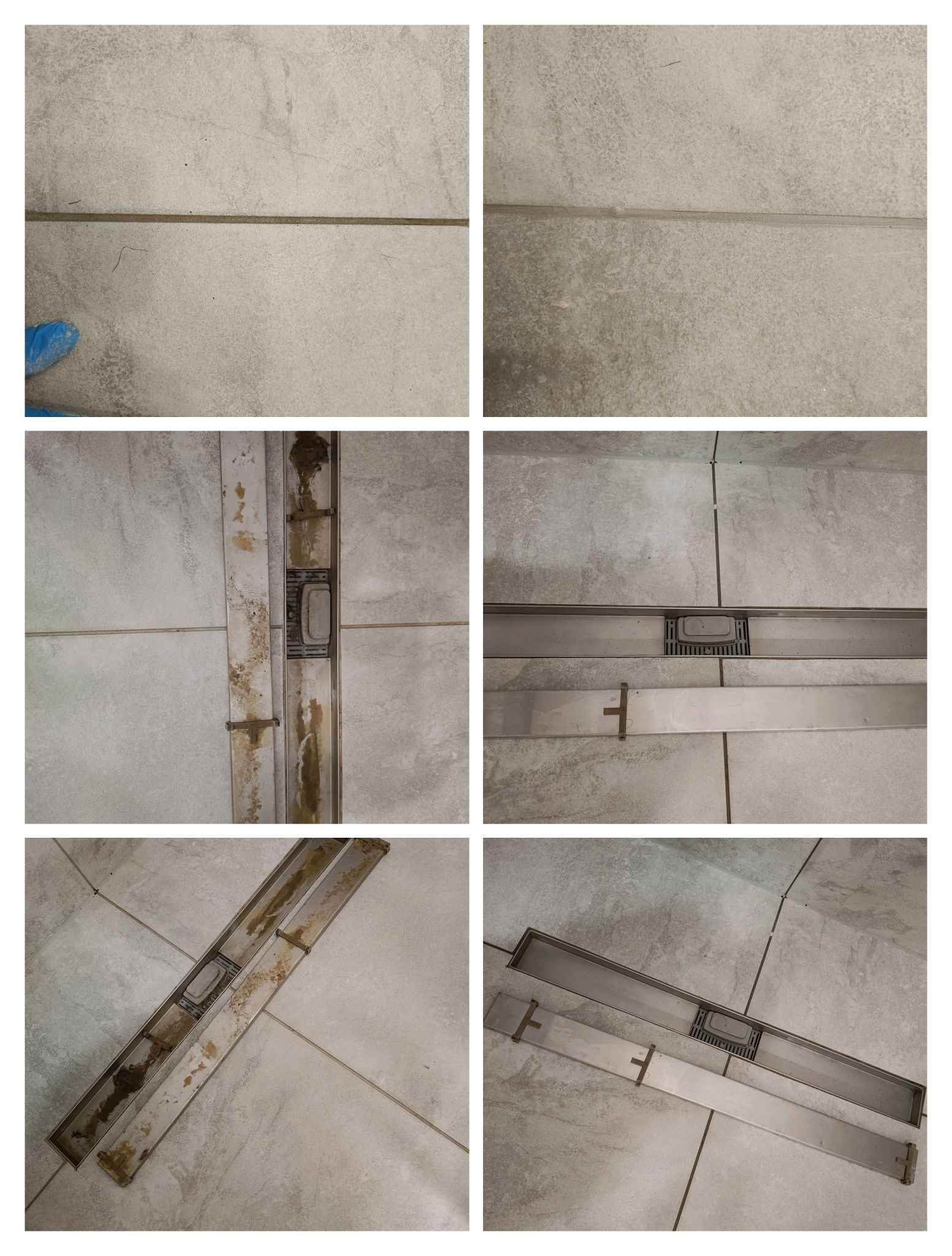 Kafelki podłogowe przed i po czyszczeniu, z widocznym odpływem liniowym. Porównanie stanu zabrudzonego i wyczyszczonego, ukazujące skuteczność usługi sprzątania.