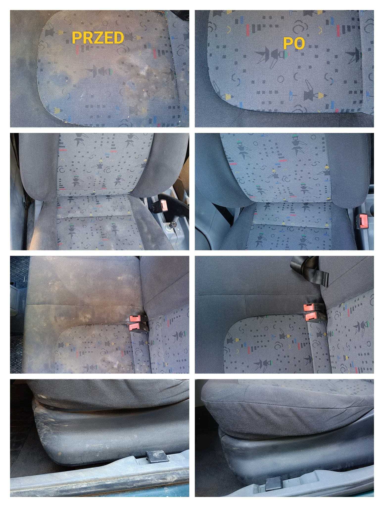 Tapicerka samochodowa przed i po czyszczeniu w Laskach. Widoczne zabrudzenia usunięte, odświeżony wzór. Efekt prania tapicerki samochodowej.
