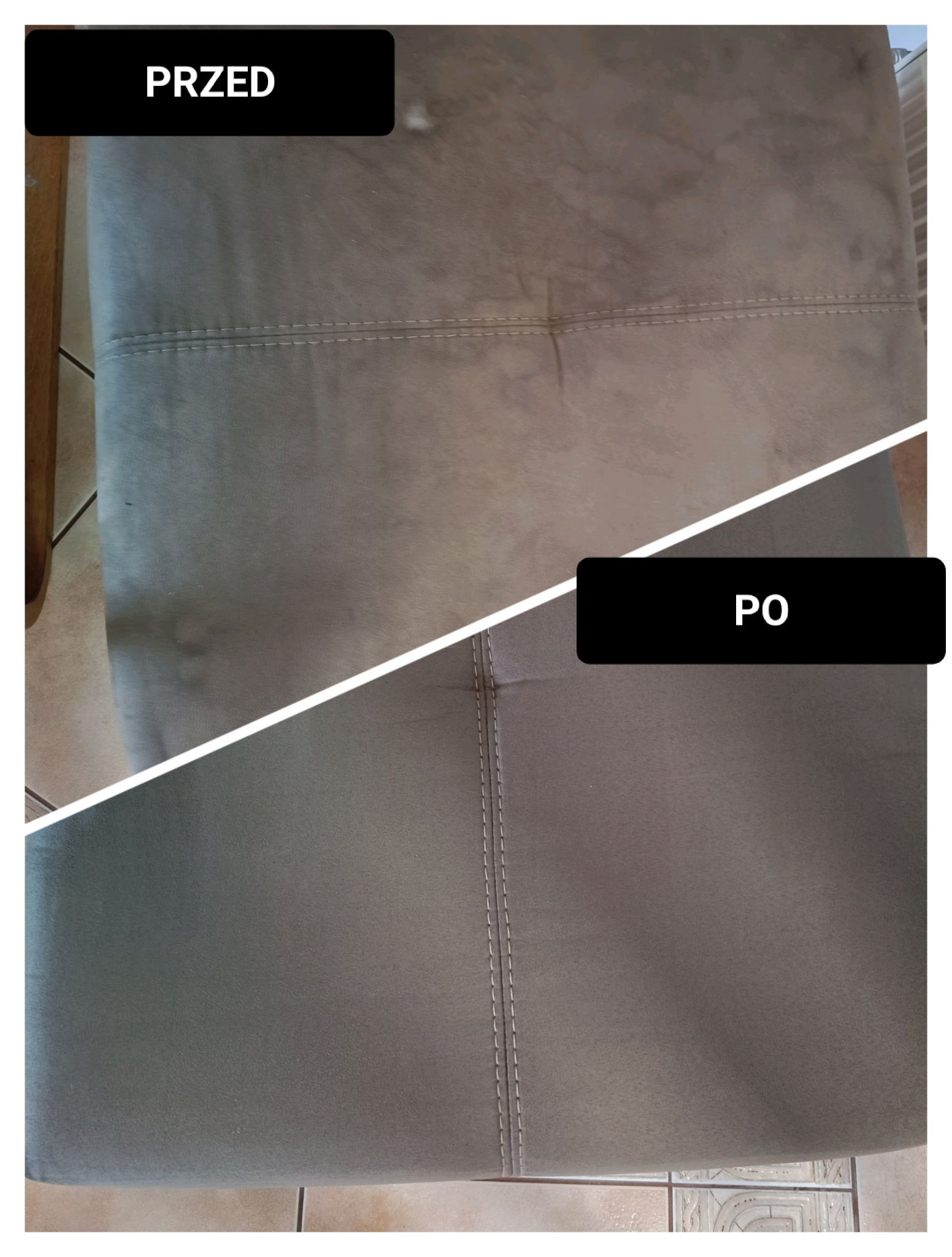 Tapicerka krzesła w ujęciu 'przed i po' czyszczeniu. Górna część z widocznymi plamami, dolna po czyszczeniu, jednolita, bez zabrudzeń. Widoczne szwy i fragment podłogi.